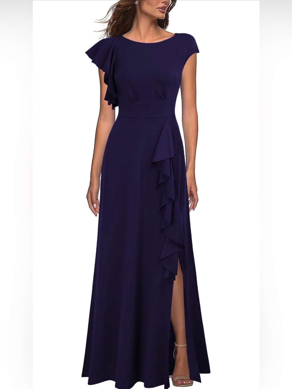 NWT Elegant Navy Ruffle-Detail Maxi Dress with Side Slit, Medium